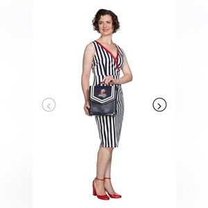 NWT Banned Retro Land Ahoy Pencil Dress Medium Blue White Red Trim